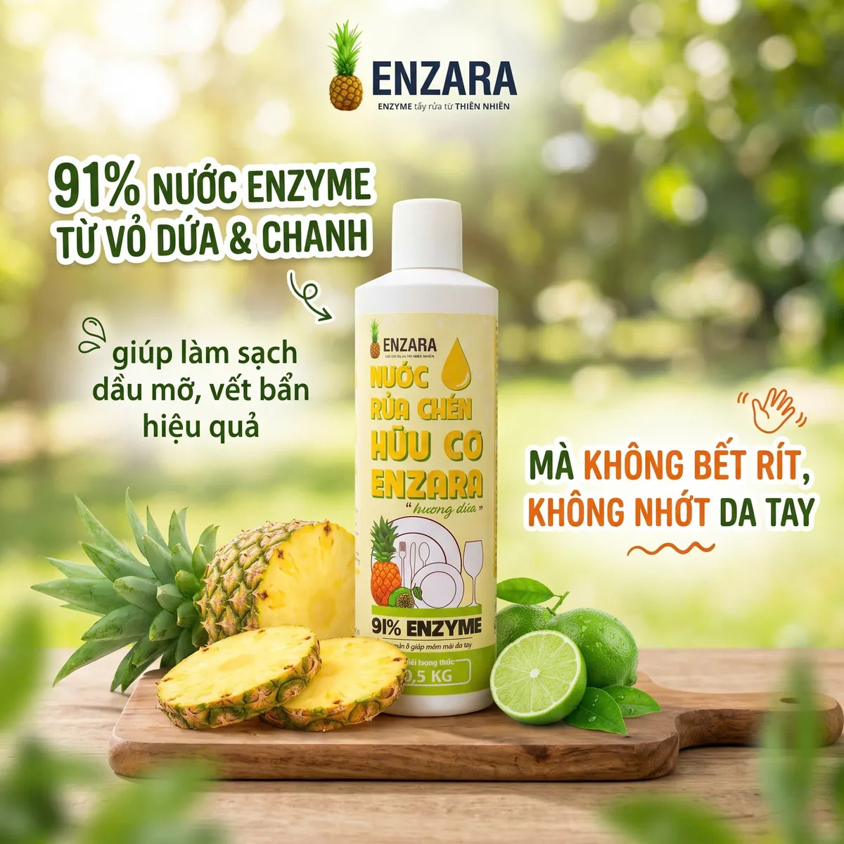 Chai nước rửa chén ENZARA bên quả dứa và chanh