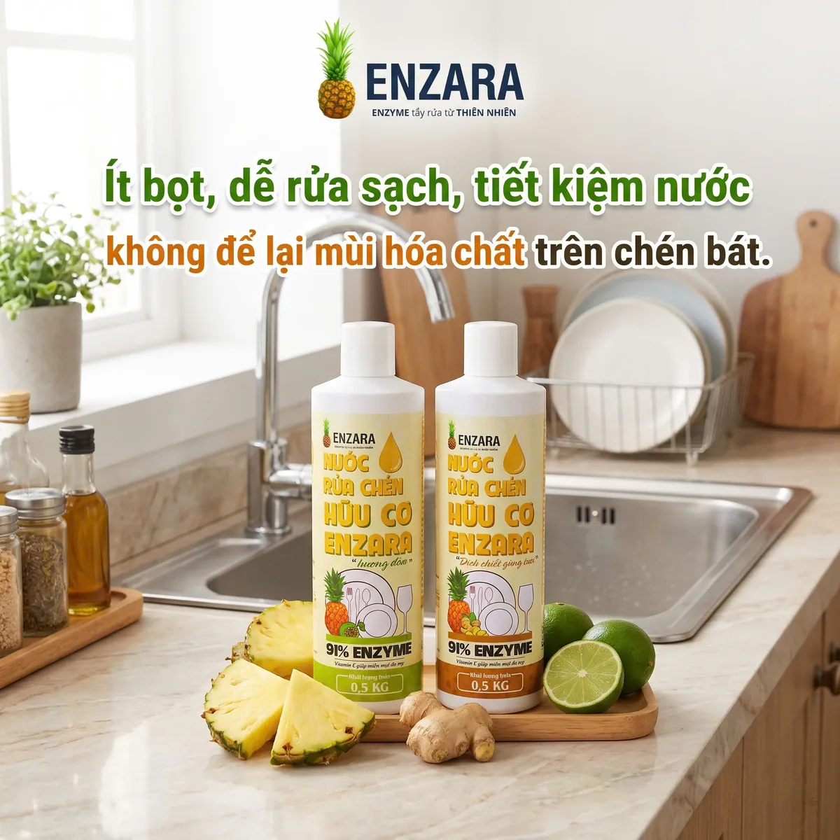 Hai chai nước rửa chén ENZARA bên bồn rửa